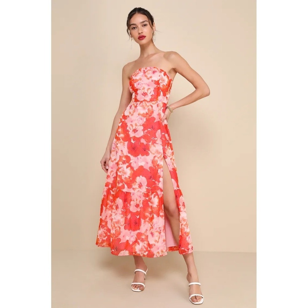 LULU'S NWT Bright Perspective $79 Orange Pink Floral Strapless Midi Dress